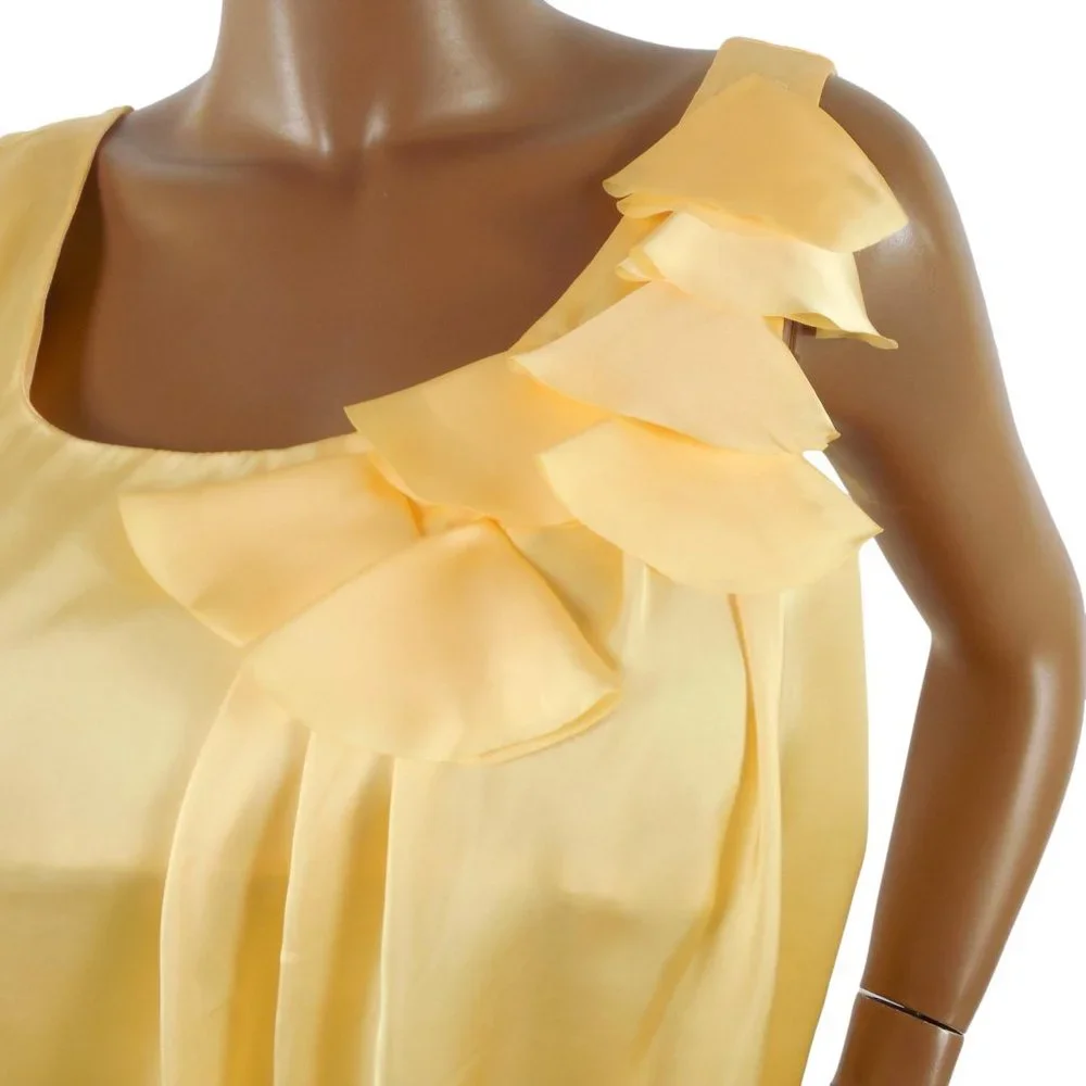 PIANO Top L Yellow Silky Blouse Ruffle Trim Draped Hem Pleats Sleeveless Shirt - Picture 4 of 9